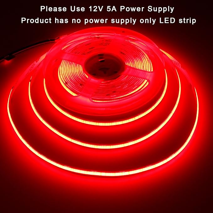 TOPAI 12V COB LED Strip Light Red 16.4ft Waterproof IP65 Dotless High Density 480LEDs/M Super Bright Cuttable Flexible LED Tape Light for Cabinet Home DIY Lighting Projects