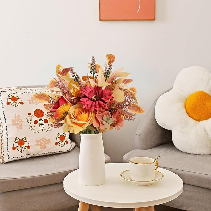 Artificial Fall Flowers Bouquet for Decoration, Fall Fake Silk Flower Arrangements Faux Autumn Flowers Fall Decorations for Home Indoor Office Wedding Bride Bouquets Tables Centerpieces Fall Decor