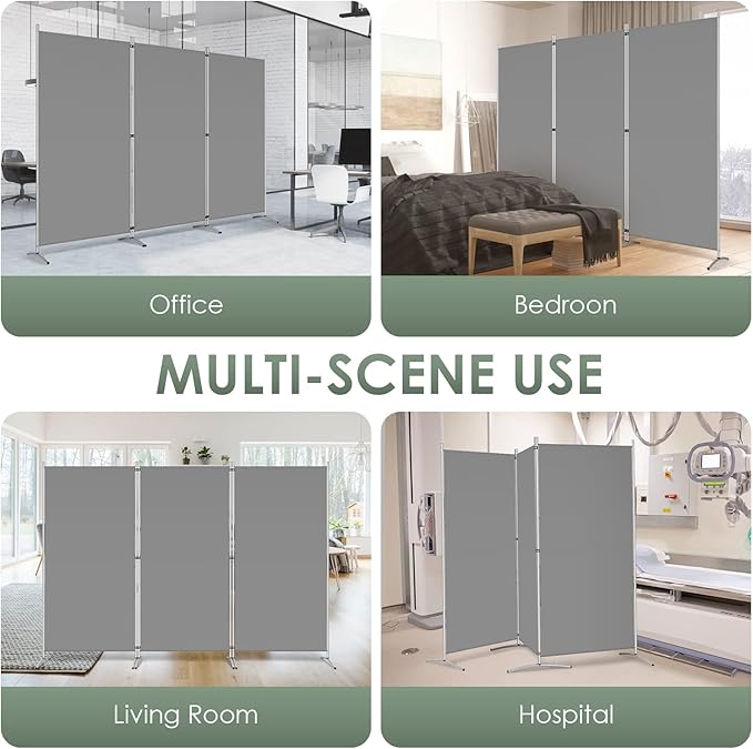 RANTILA 3 Panel Room Divider, 6 Ft Tall Folding Privacy Screen Freestanding Room Partition Wall Dividers, 102''W x 20''D x 71''H, Grey