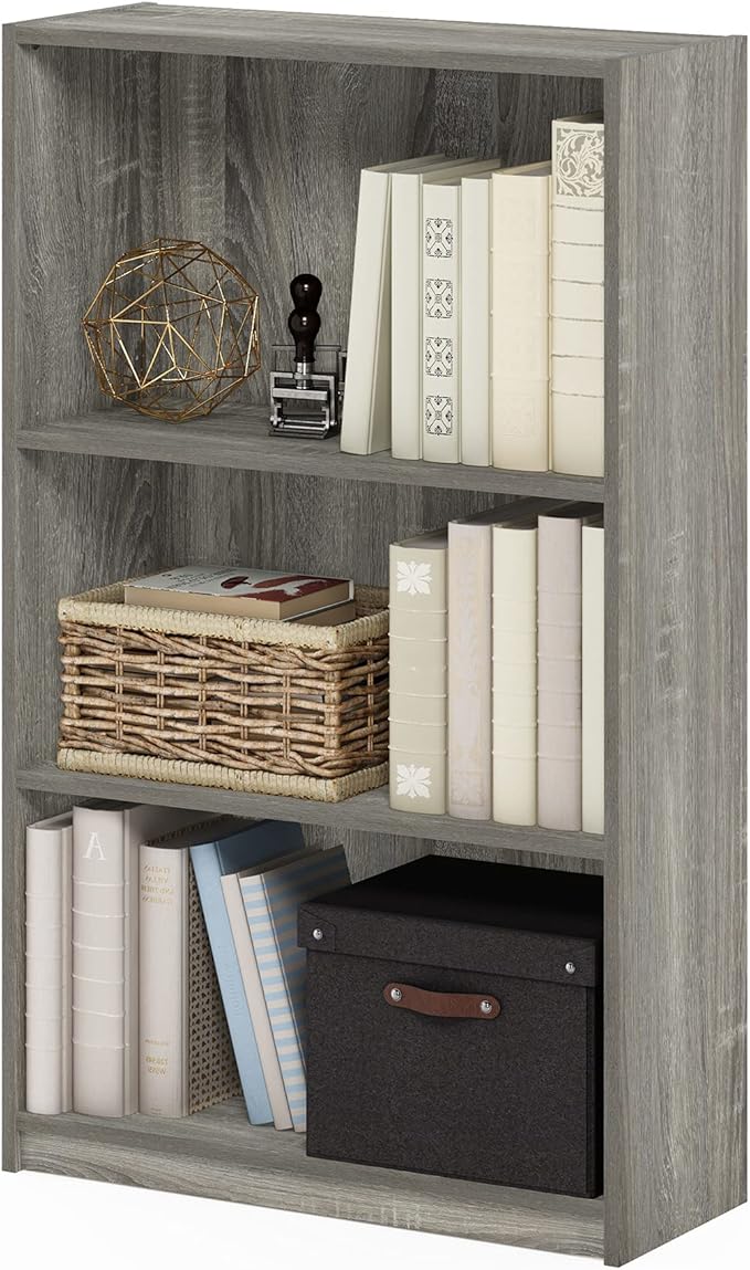 Furinno JAYA Book Shelf, 3-Tier Bookshelf, Bookcase with Adjustable Shelves, 9.5 x 24.5 x 40.3, for Living Room, Bedroom, Home Office, French Oak