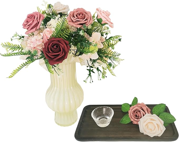 Artificial Flowers 25pcs Roses, Shade of Burgundy Foam Fake Rose Faux Flower for DIY Wedding Bouquets Bridal Shower Centerpieces Floral Arrangements Party Tables Home Decorations