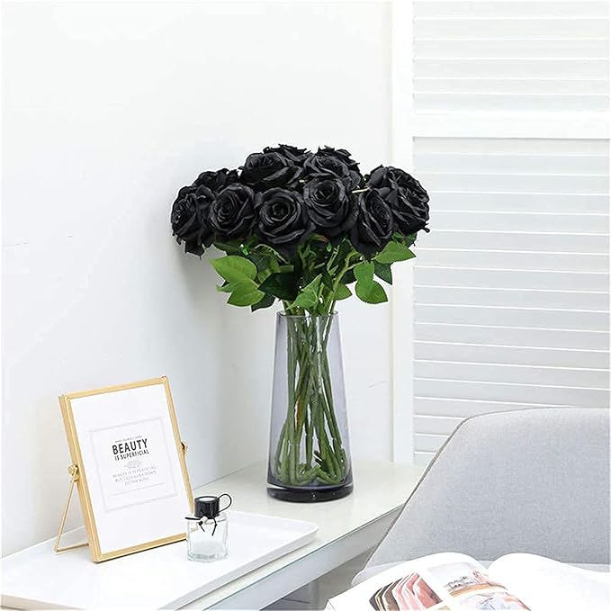 BLEUM CADE 100 Pcs Black Roses Artificial Flowers, Real Touch Velvet Roses Fake Flowers Bulk, Artificial Roses Bouquet with Long Stems Bridal DIY Wedding Party Centerpiece Decorations