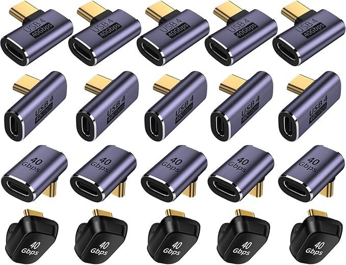 4 Mixed USB C Adapter USB 4.0/Thunderbolt 4 with 100W 40Gbps 90/180 Degree Right Angle, U Shape Connector Extender for Mobile Phone, Switch, Steam Deck, Tablet, Laptop (5 Set-20pcs)
