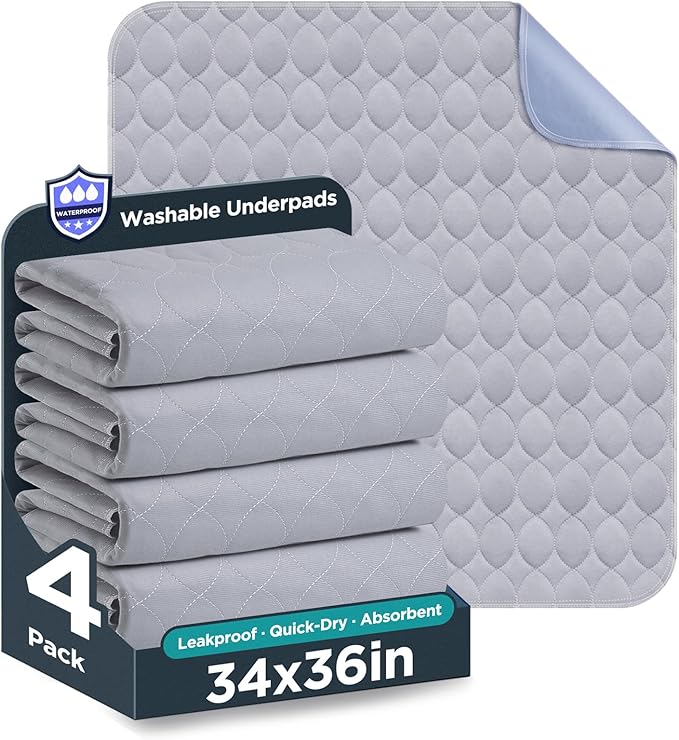 Washable Bed Pads 34" x 36" - 4 Pack, Grey, Waterproof Bed Pads for Incontinence, Bed Wetting Pads for Bed, Sofa, Floor, Resuable Underpads for Adults, Seniors, Pet