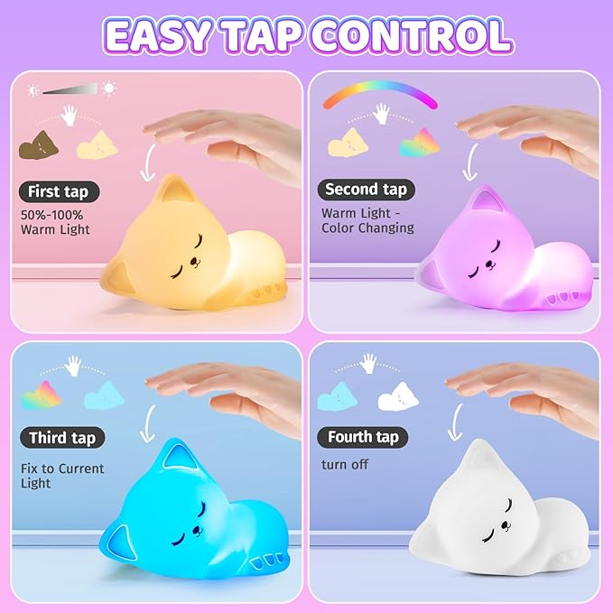 Mubarek Night Light for Kids,16Colors Cat Night Light for Kids Cute Lamp,Dimmable Toddler NightLight for Girls,Soft Silicone Nightlight for Baby Room, Rechargeable Cute Lamp Big Size