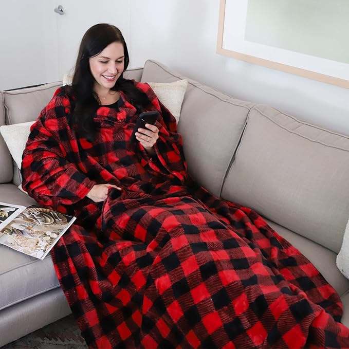 Catalonia Wearable Fleece Blanket with Sleeves and Foot Pockets for Adult Women Men, Micro Plush Comfy Wrap Sleeved Throw Blanket Robe Large, Red Checker Plaid