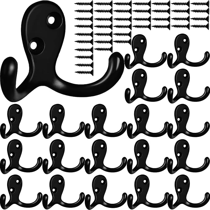 Coat Hooks Hardware,20 Pcs Wall Hooks Heavy Duty Hooks for Hanging Coats Double No Rust Hook Wall Mounted for Key, Towel, Bags, Cup, Hat (20pcs Black)