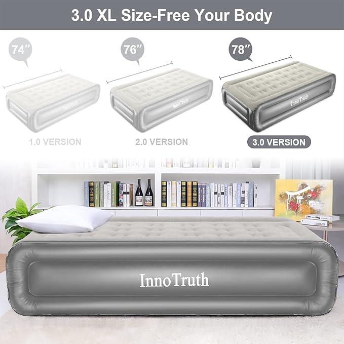 InnoTruth Raised Air Mattress with Built-in Pump, Elevated Inflatable Mattress with Carrying Bag for Home and Camping, Twin Size Blow Up Bed, Gray, Twin (78"x40"x18")
