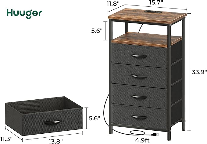 Huuger Night Stand with Charging Station, 4 Drawer Dresser for Bedroom, Bedside Table, 33.9 Inch Tall Nightstand with Open Shelf, End Table, for Closet, Entryway, Bedroom, Rustic Brown and Black