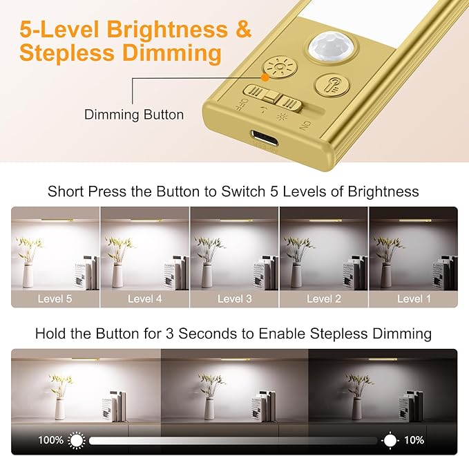 Gritin 10.2inch Under Cabinet Lighting Rechargeable -84 LED Super Bright,3-Color& 5 Level Brightness,4 Modes,Motion Sensor, Long Lasting- Easy Installation Magnetic Closet Lights -2 Pack-Gold