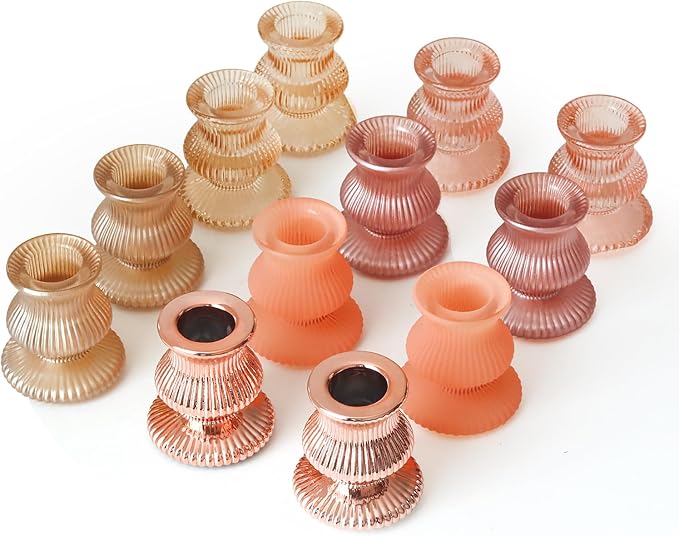 WDHODEC Pink Gold Candlestick Holders 12PCS Glass Taper Candle Holders for Table Centerpiece Colorful Candle Sticks for Spring Wedding, Party and Festival Decoration