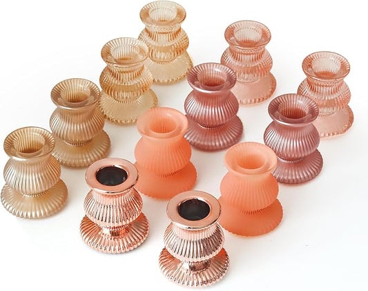 WDHODEC Pink Gold Candlestick Holders 12PCS Glass Taper Candle Holders for Table Centerpiece Colorful Candle Sticks for Spring Wedding, Party and Festival Decoration