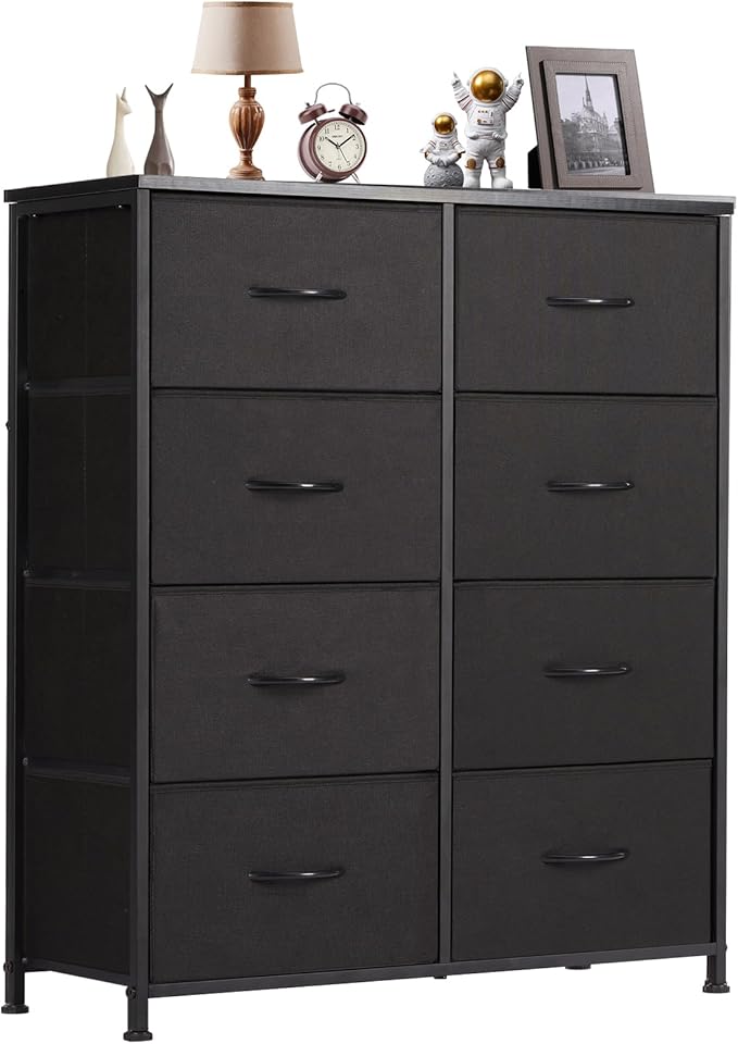 DUMOS 8 Drawer Dresser for Bedroom, Fabric Storage Organizer with Sturdy Metal Frame, Wooden Top Chest of Drawers for Closet Nursery Entryway Guest Room,Matte Black