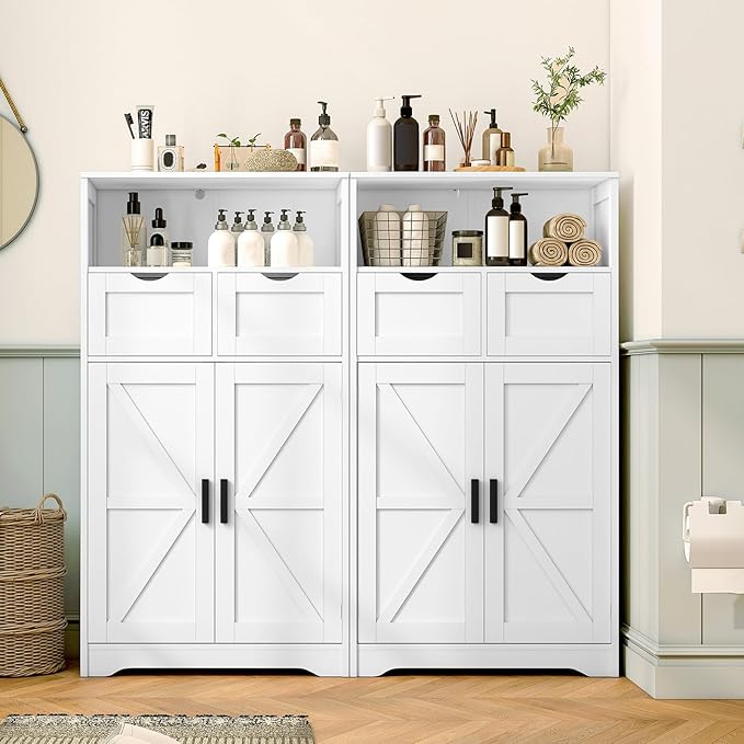 WEENFON Bathroom Cabinet with Adjustable Shelf, Storage Cabinet with 2 Doors & 2 Drawers, Cupboard, for Living Room, Hallway, White
