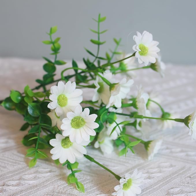 Fake Flowers Outdoor 8 Bundles Silk Artificial Daisy White Cemetery Flowers Outside Fade Resistant Plants Look Real for Wedding Garden Porch Patio Planter Decorations (8 Bundles White)