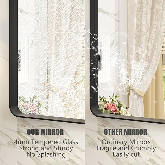 CHAMROR 55x36 Inch Black Metal Framed Bathrrom Mirror for Wall, Black Rounded Rectangle Mirror, Matte Black Bathroom Vanity Mirror, Anti-Rust, Tempered Glass, Hangs Horizontally or Vertically