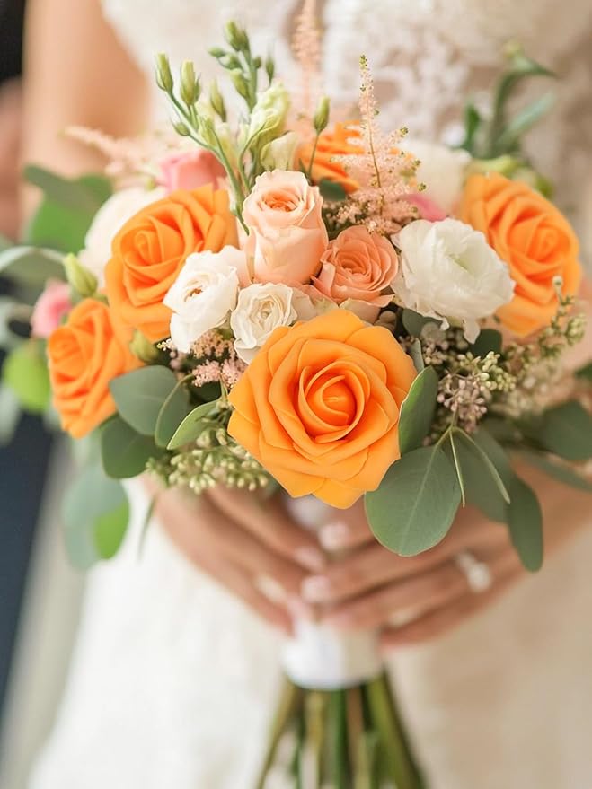 MACTING Artificial Rose Flowers 30PCS Real Touch Fake Flowers with Stem Orange Faux Foam Roses for DIY Wedding Bouquet Table Centerpieces Party Bridal Shower Home Fall Thanksgiving Decor