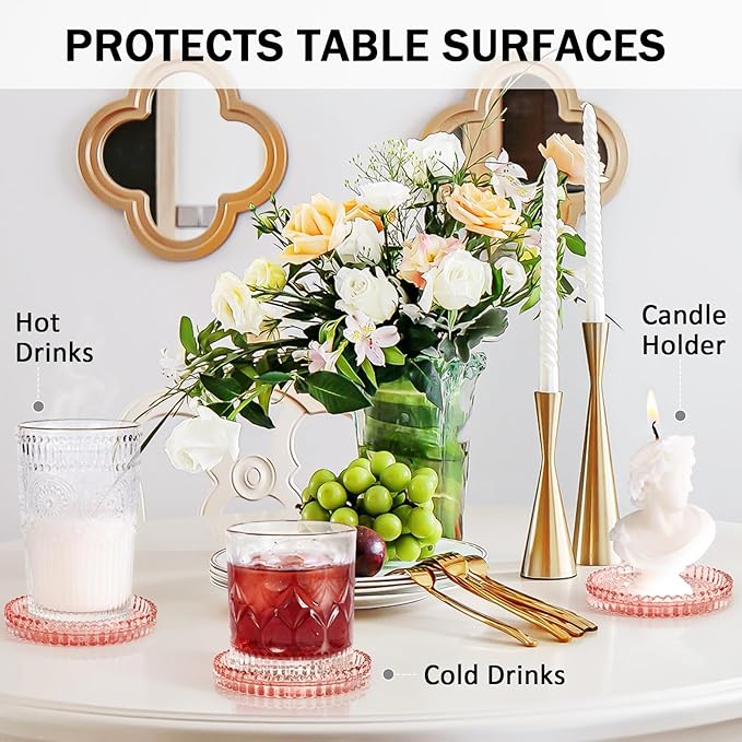 Glass Candle Holders, GOH DODD Set of 8 Crystal Pillar Plates Modern Coasters for Drinks, Centerpiece, Home Decor, Kitchen, Living Room, Patio, Wedding, Halloween, Christmas, Party, Clear Brown