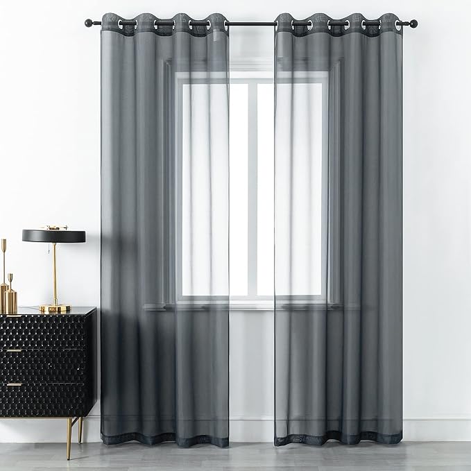 DUALIFE Charcoal Grey Sheer Curtains Grommet,Look Semi Sheer Windows Panels,Elegant Solid Color Touch Soft Drapes, 52X96 Inch for Living Room Bedroom,Set of 2 Panels