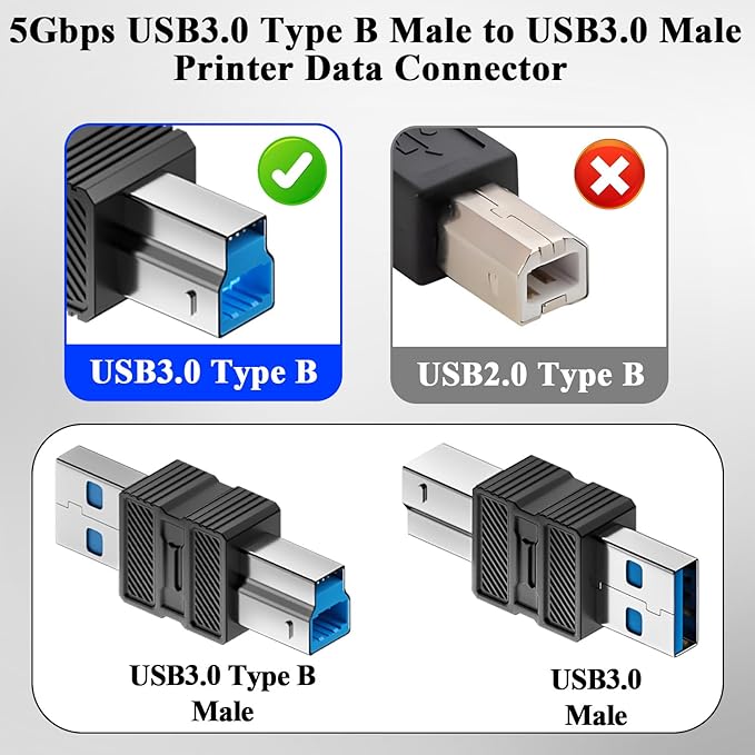 QIANRENON USB3.0 Type B to USB-3.0 Printer Adapter 5Gbps USB3.0 B Male to A Male Data Connector USB-B 3.0 to USB-A Converter, Not for Type-B 2.0, for Computer External Hard Drive Scanner, 2Pcs
