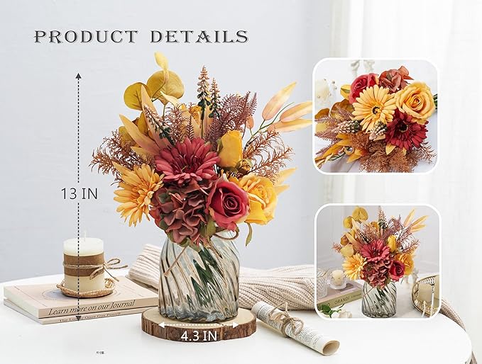 Fake Flowers Artificial Flowers with Vase, Faux Silk Flowers Fake Plants for Farmhouse Kitchen Dining Table Decorations, Fall Decorations for Home Office