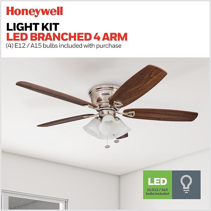 Honeywell Ceiling Fans Glen Alden, 52 Inch Classic Flush Mount Indoor LED Ceiling Fan with Light, Pull Chain, Quick-2-Hang Dual Finish Blades, Reversible Motor - 50182 (Brushed Nickel)