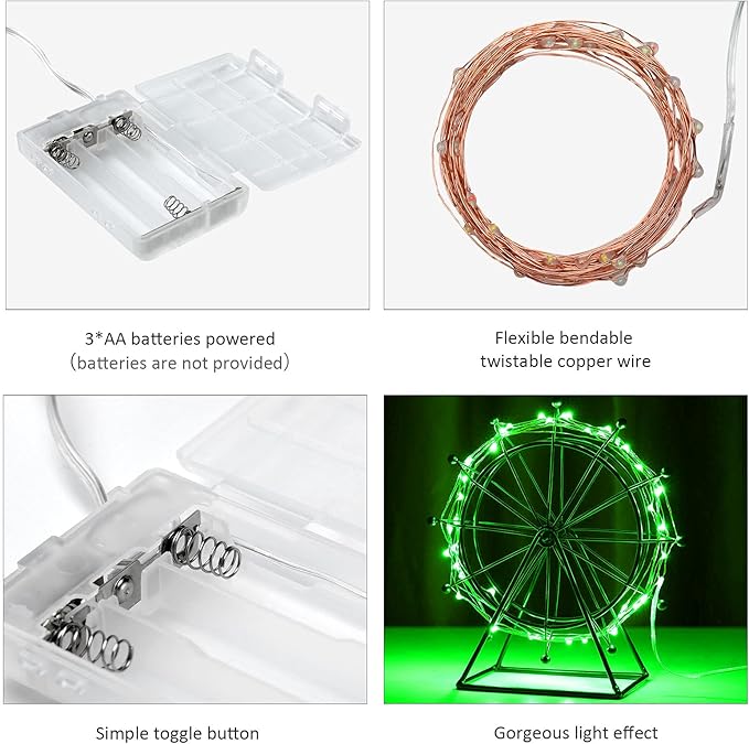 Mini St. Patrick's Day Fairy Lights Battery Operate, 1 Pack Copper Wire 3*AAA Battery Powered Led Starry Fairy String Lights for Bedroom, Christmas, Party, Wedding, Decoration(5m/16ft Green)