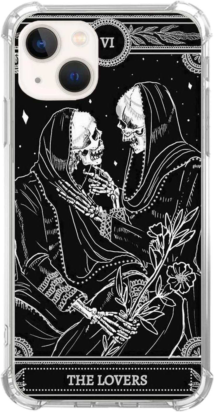 Lovers Tarot Card Skull Black Case for iPhone 15 - Trippy Psychedelic Skeleton Design, Unique TPU Bumper Cover.