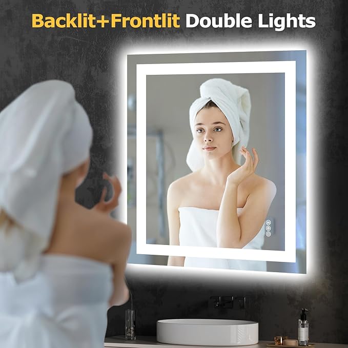 LED Bathroom Mirror with Lights 28x32 Wall Vanity LED Mirror Stepless Dimmable,Double Front and Backlight,Anti-Fog,Memory Smart Mirror for Bathroom