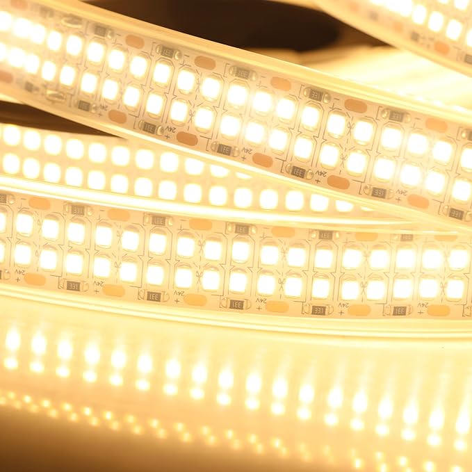 LED Strip Lights Warm White 3000K 16.4ft/5M Double Row 2835 SMD 2400LEDs DC 24V Daylight Bright Dimmable Flexible LED Tape Light Waterproof IP67 Outdoor Lighting(No Adapter & Dimmer)