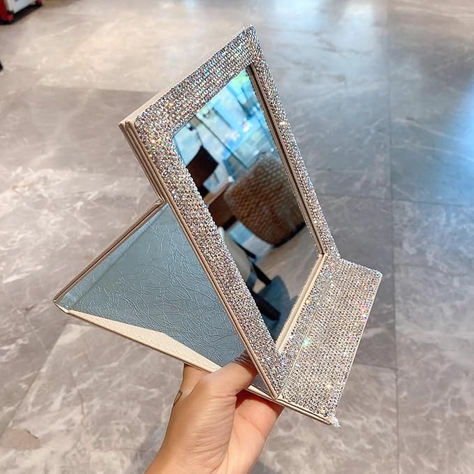 Folding Cosmetic Mirror, High Definition Innovative Rhinestone Portable Makeup Mirror Travel PU Portable Adjustable Rectangular Vanity Mirror for Dormitory Desktop