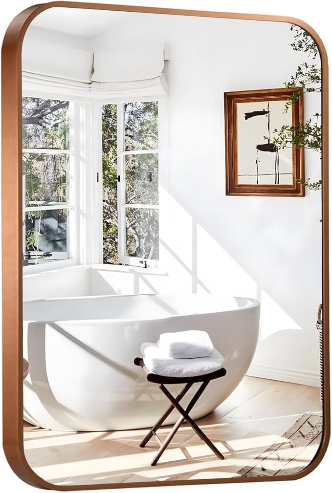 16"x20" Brushed Bronze Bathroom Mirror for Wall, Rounded Rectangle Mirror with Brown Metal Frame Hanging for Bathroom Entryway Vanity,Living Room,Bedroom,Vertical or Horizontal