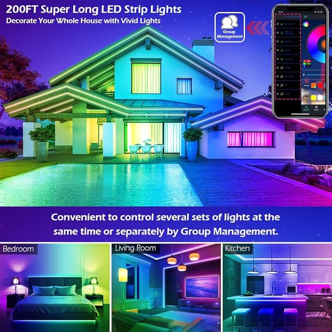 Led Strip Lights,Long Smart Led Light Strips Music Sync 5050 RGB Color Changing Rope Lights,Bluetooth APP/IR Remote/Switch Box Control Led Lights for Bedroom,Home Decoration,Party,Festival (200FT)