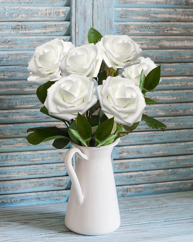 JOYLEX Artificial Flowers Realistic Roses, 100 pcs Real Looking Fake Roses with Stem for DIY Wedding Bouquets Centerpieces Bridal Shower Party Home Romantic Decorations (White)