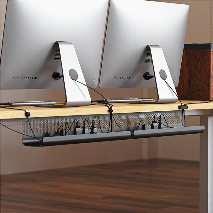 KHAMAL Cable Management Under Desk 52PCS - Cable Management Tray Kit Ventilated Hexagonal Design with Cable Clips, Wire Ties, Cord Holder & Screws for Office, Home - 4 Black Sets