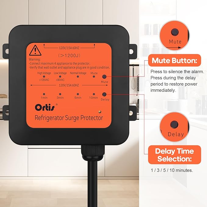 Ortis 4-Outlet Refrigerator Surge Protector, 1200J, Delay Start, Quick Reset, Audible Alarm & LED Indicators, Prevents Voltage Spikes, Surges & Power Outages, 1.3ft Cord, for 27+ cu. ft. Fridges