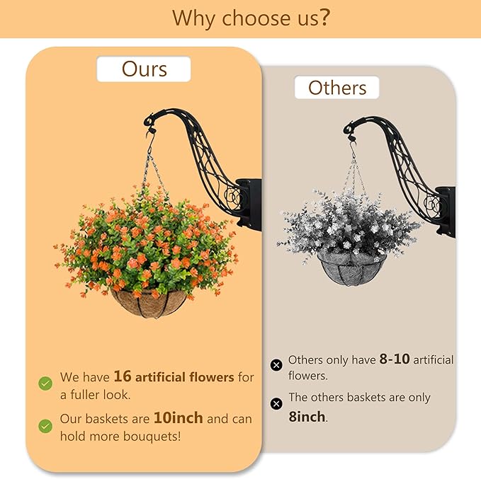 Artificial Hanging Flowers Basket for Outdoor, 16 Fake Flowers Look Real UV Resistant, Faux Hanging Plants for Porch, Balcony, Patio, Garden, Spring Summer Decor,Orange