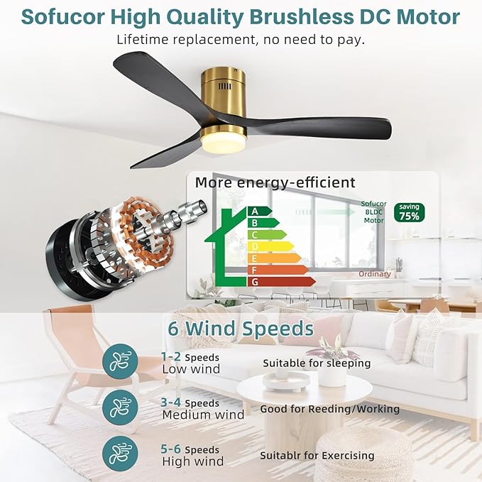Sofucor 52 Inch Smart Ceiling Fans with Lights-Flush Mount Low Profile Modern Outdoor Solid Wood Ceiling Fans with Alexa/Google Assistant/APP/Remote Control for Bedroom/Farmhouse/Patio, Black Gold