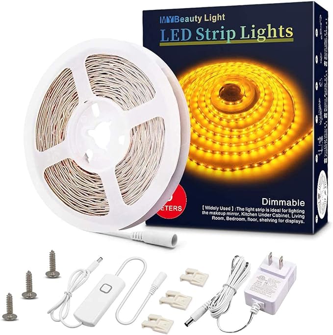 MY BEAUTY LIGHT Led Strip Lights 16.4ft Dimmable Yellow Led Light Strip Flexible Led Tape Lights 12v Under Cabinet Lighting Kits for Home Bedroom Kitchen Bar Party Decor