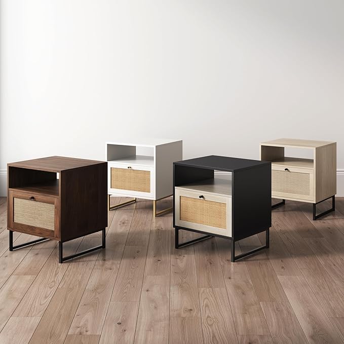 Nathan James Mina Side, End or Accent Table in a Matte White Finish & Brass Gold Legs with Natural Rattan Storage Door for Living Room or Nightstand for Bedroom, White/Gold, Set of 2