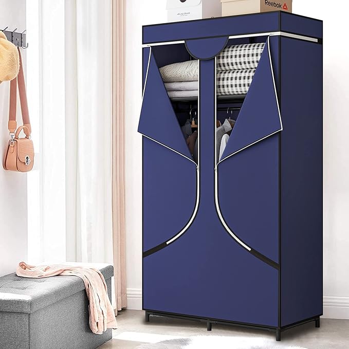 34 Inch Portable Wardrobe Closet Clothes Organizer with Metal Shelves and Non-Woven Fabric Durable Closet Storage Organizer for Bedroom (34 Inch, Blue)