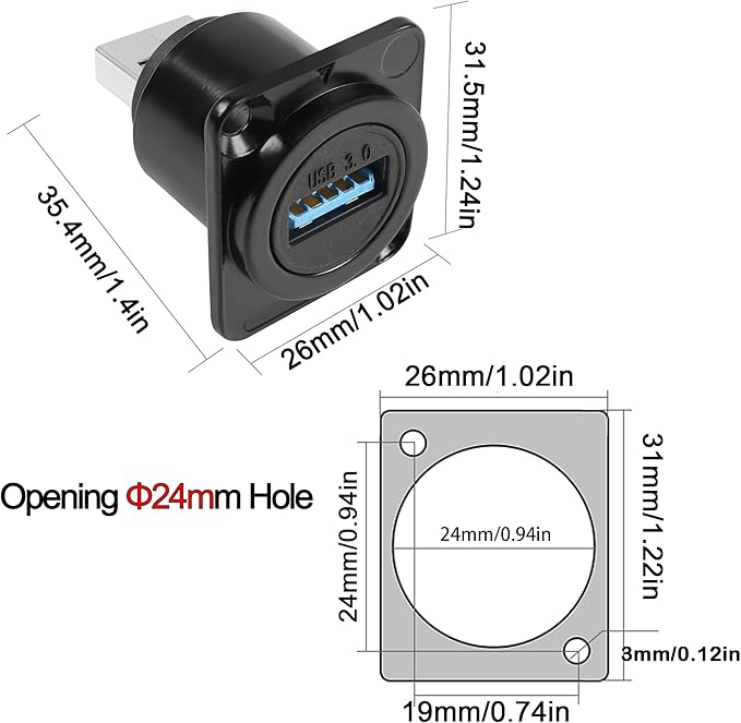 QIANRENON USB 3.0 Male to Female Panel Mount Adapter 5Gbps USB Plug to Socket Connector D/XLR Panel Mount for Data Transfer, Charging