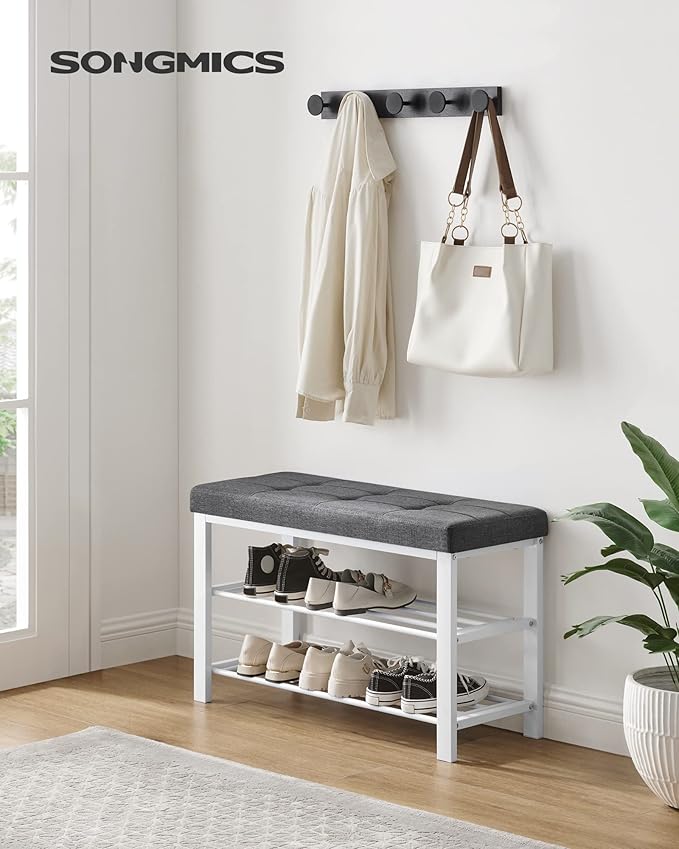 SONGMICS Shoe Bench, Storage Bench, Entryway Bench with Cushion, Shoe Shelf with Seat, Space-Saving, Modern Style, for Living Room, Bedroom, Hallway, Dark Gray and Cloud White ULBS057W01