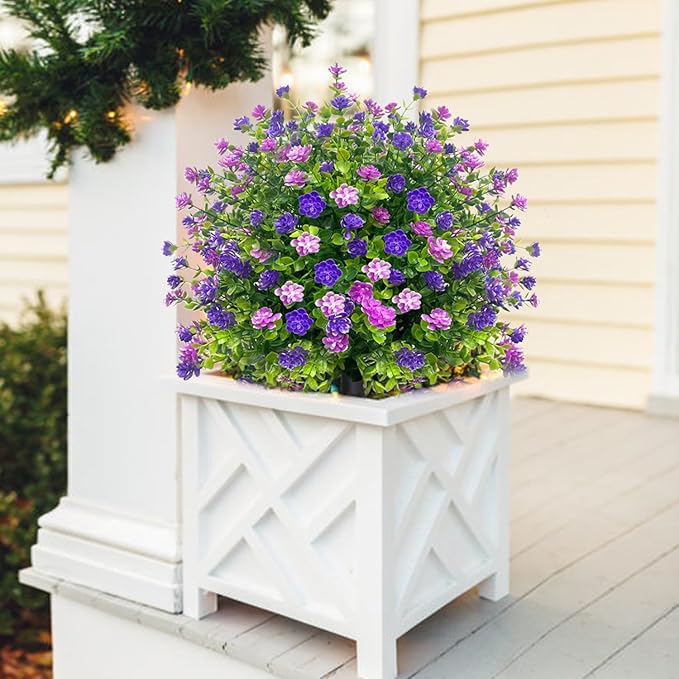 2 Pack Artificial Topiary Ball Trees Boxwood Shrubs with Spikes, UV Resistant Fake Flowers Bushes for Outdoor, Look Real Faux Plants for Porch Pathway Garden Yard Patio Halloween Decor -Purple