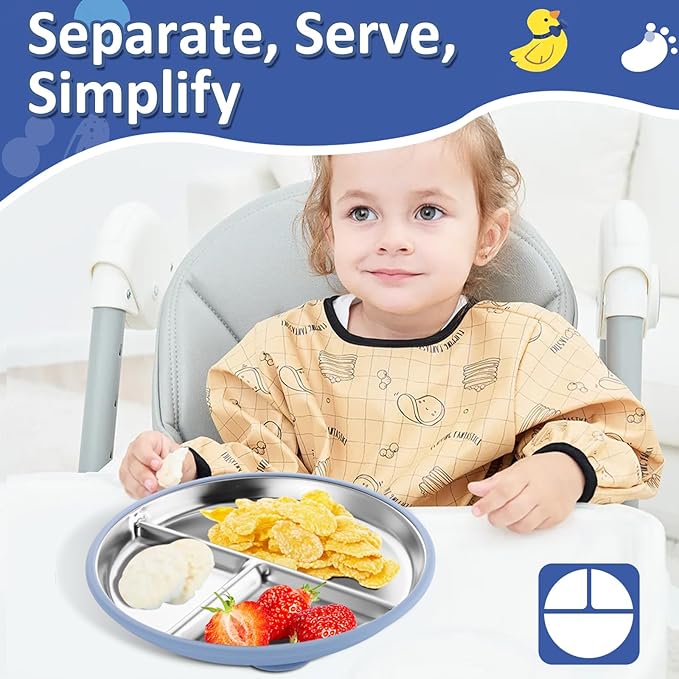 Stainless Steel Suction Plates for Toddlers, 9" Divided Kids Baby Plates with Removable Silicone Suction, Non Toxic Non Slip Portion Control Snack Dishes 3 Packs, Blue Gray Beige