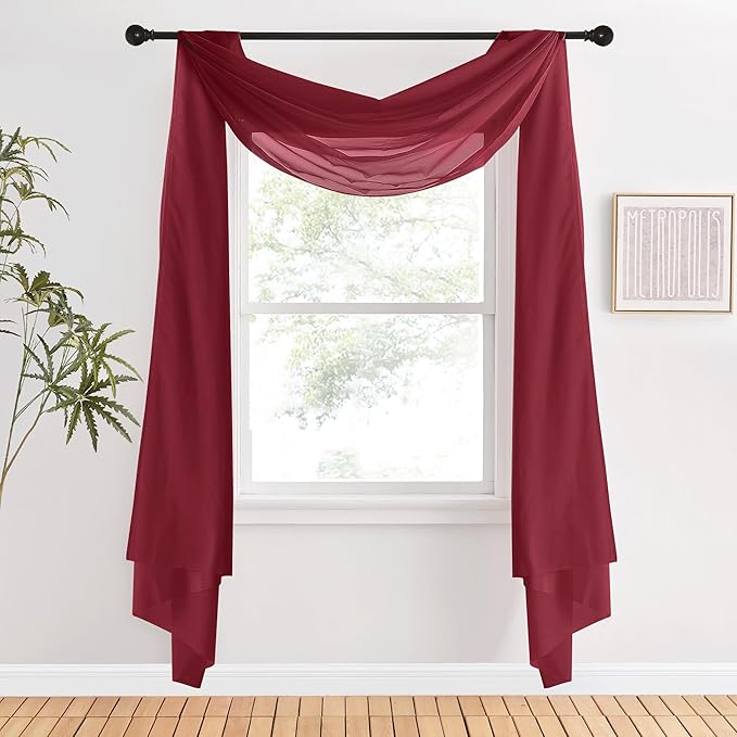 NICETOWN Window Scarfs for Living Room Extra Long, Haute Red Chic Decorative Valances for Ceremony, Set of 2, 60" Wide by 216" Long