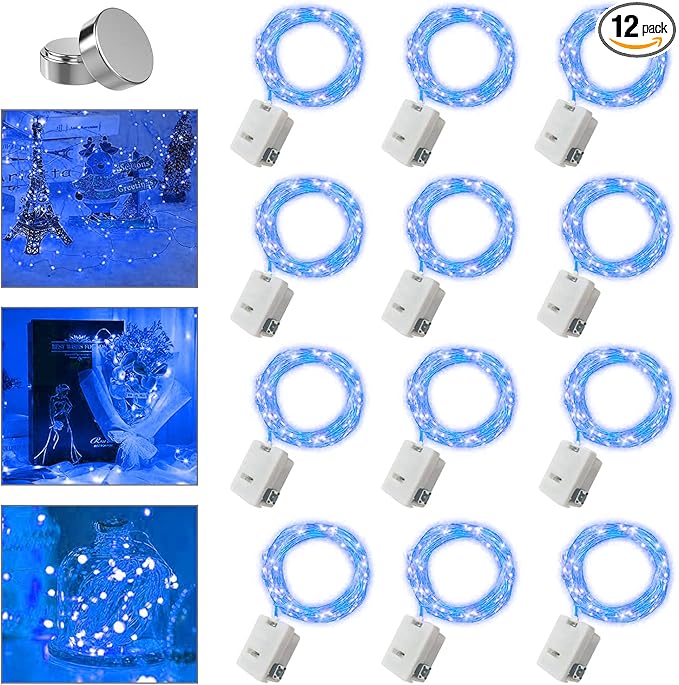 12 Pack Valentine's Day Fairy Lights Battery Operated, 3 Speed Modes, Extra 12 Batteries for Replacement, 7Ft 20 LED Mini String Light, Waterproof Copper Wire, Twinkle Firefly Lights, Blue