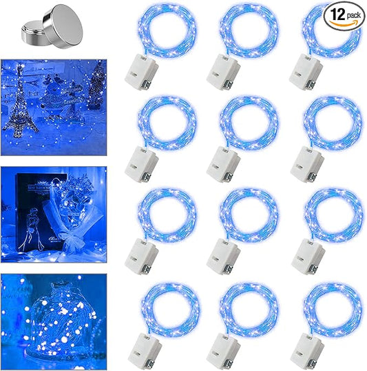 12 Pack Valentine's Day Fairy Lights Battery Operated, 3 Speed Modes, Extra 12 Batteries for Replacement, 7Ft 20 LED Mini String Light, Waterproof Copper Wire, Twinkle Firefly Lights, Blue
