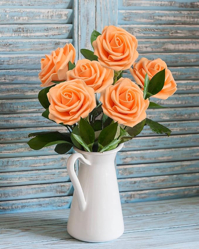 JOYLEX Artificial Flowers Realistic Roses, 25pcs Real Looking Fake Roses with Stem for DIY Wedding Bouquets Centerpieces Bridal Shower Party Romantic Decorations (25pcs, Orange)