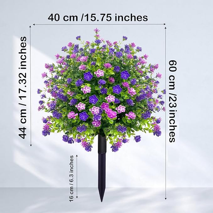 2 Pack Artificial Topiary Ball Trees Boxwood Shrubs with Spikes, UV Resistant Fake Flowers Bushes for Outdoor, Look Real Faux Plants for Porch Pathway Garden Yard Patio Halloween Decor -Purple